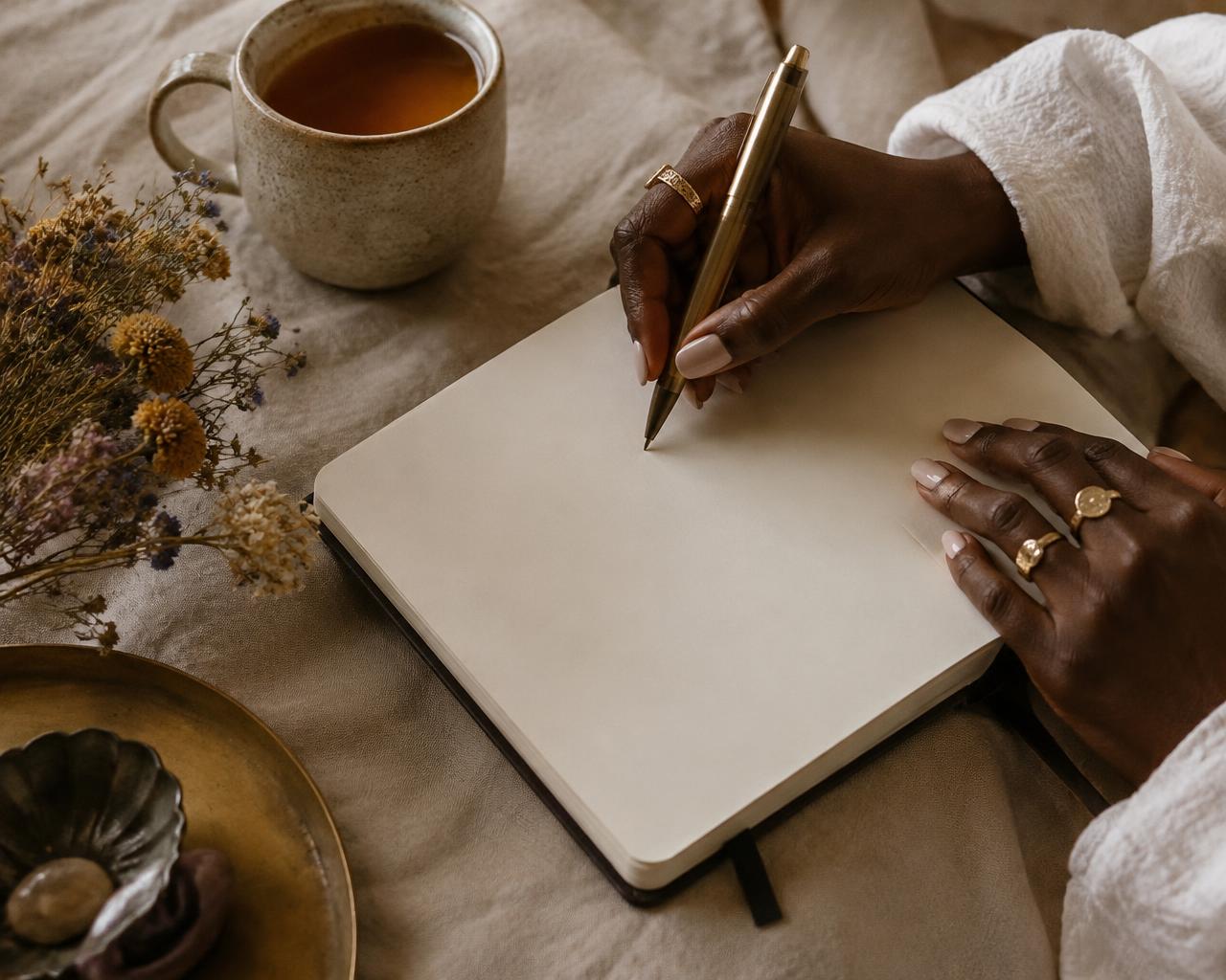 Hands writing in a blank journal beside a cup of tea