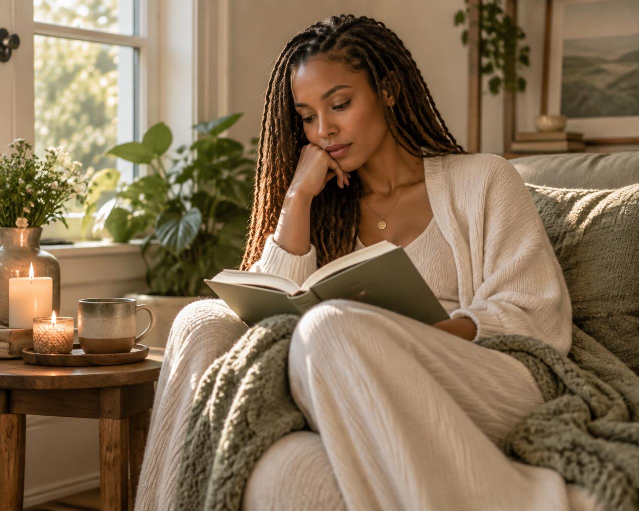A woman reading quietly in a cozy corner